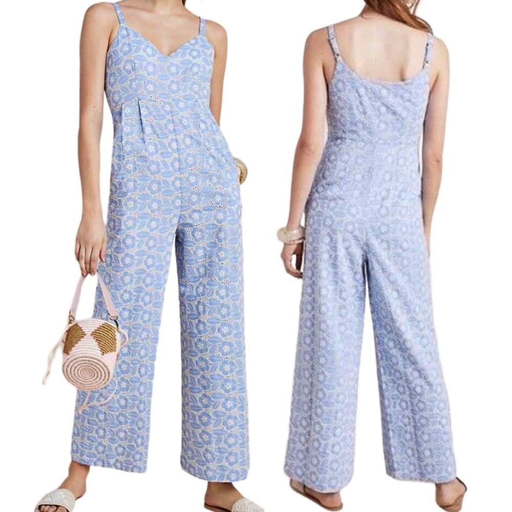 Anthropologie Blue Printed Sleeveless Wide-Leg Jumpsuit